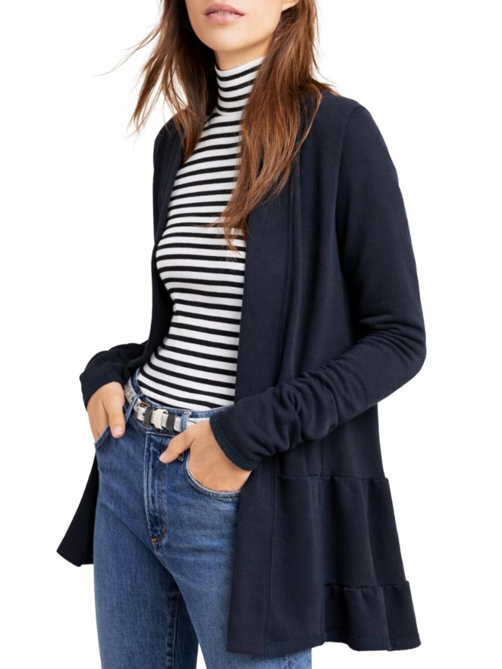 Anthropologie Lila Tiered Ruffled Babydoll Peplum Cardigan | Dark Navy | XS